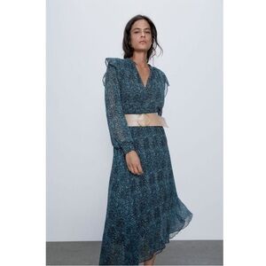 NWT Zara Patterned Ruffle Front Maxi Sleeve Dress - Belt not Included